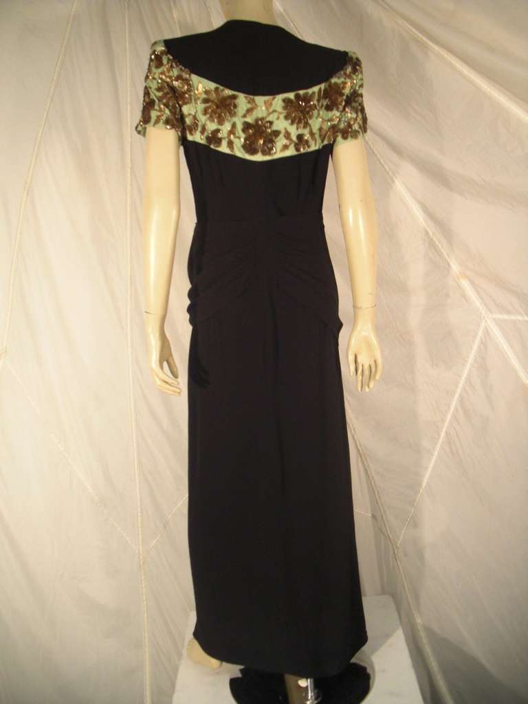 1940s Rosine Paris Couture Draped Crepe Gown with Sequined Silk Taffeta Panel