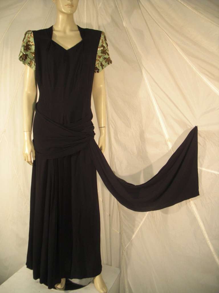 1940s Rosine Paris Couture Draped Crepe Gown with Sequined Silk Taffeta Panel In Excellent Condition In Gresham, OR