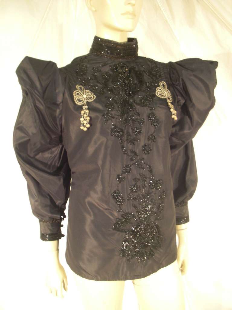 An extravagant Eavis and Brown 1980s Victorian revival silk blouse with antique applique beading and braiding, huge 