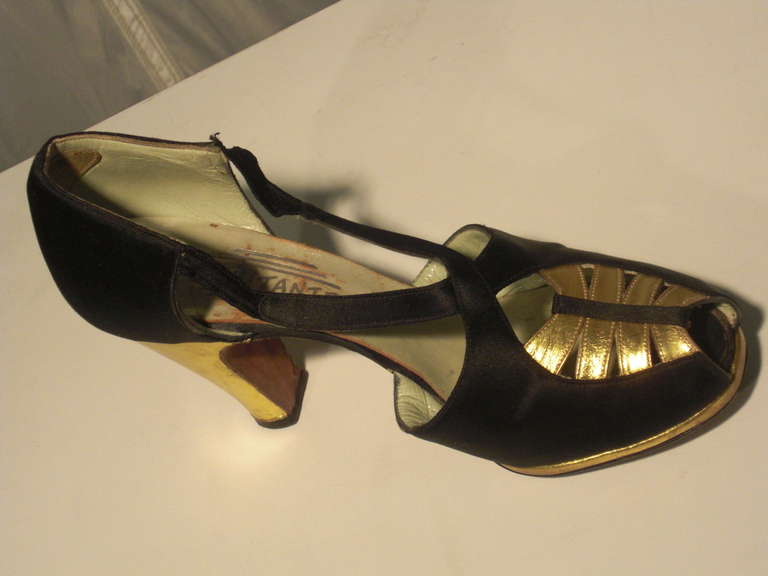 Black 1930s Art Deco Silk and Gilt Leather Evening Shoes by Debutante