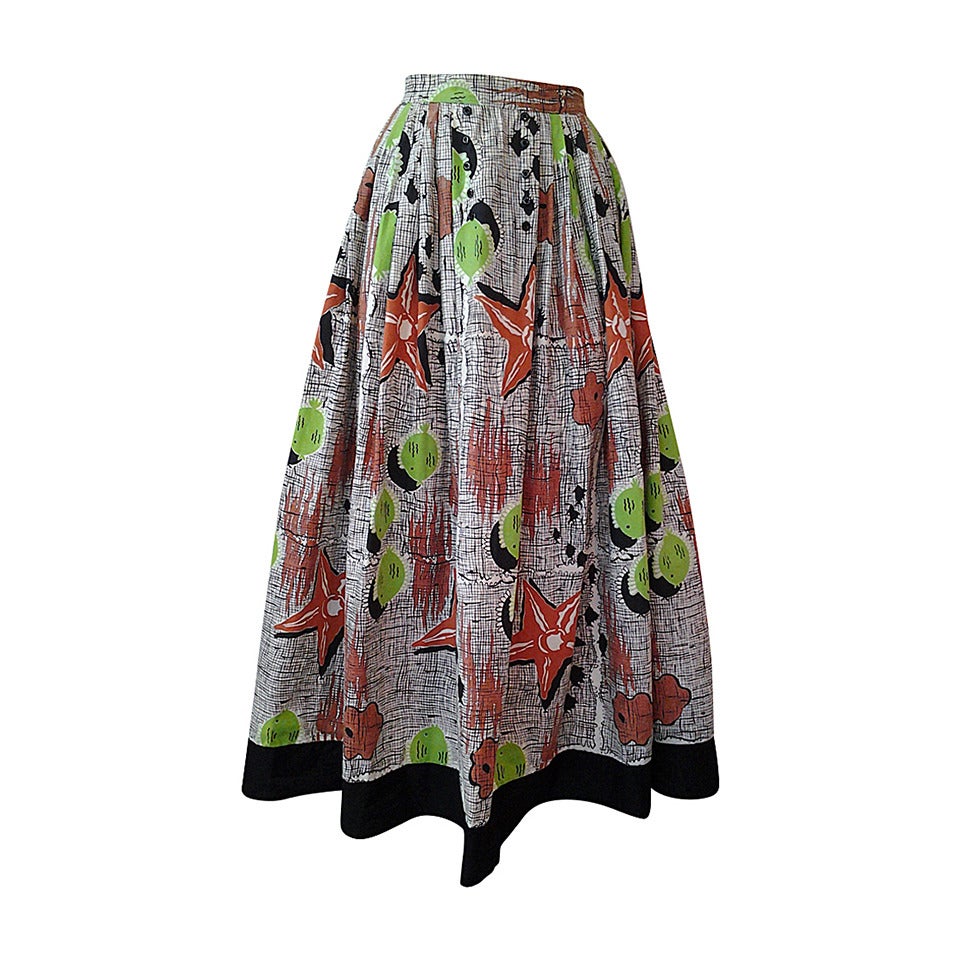 1940s Cotton Brown/Black/Lime Seashell Print Full Skirt