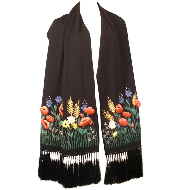 1950s Spanish Embroidered Wool Scarf with Raffia and 3D Floral Motifs