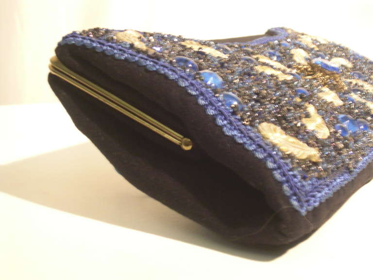 Women's 1950s Beaded and Encrusted Evening Clutch with Feather Motif