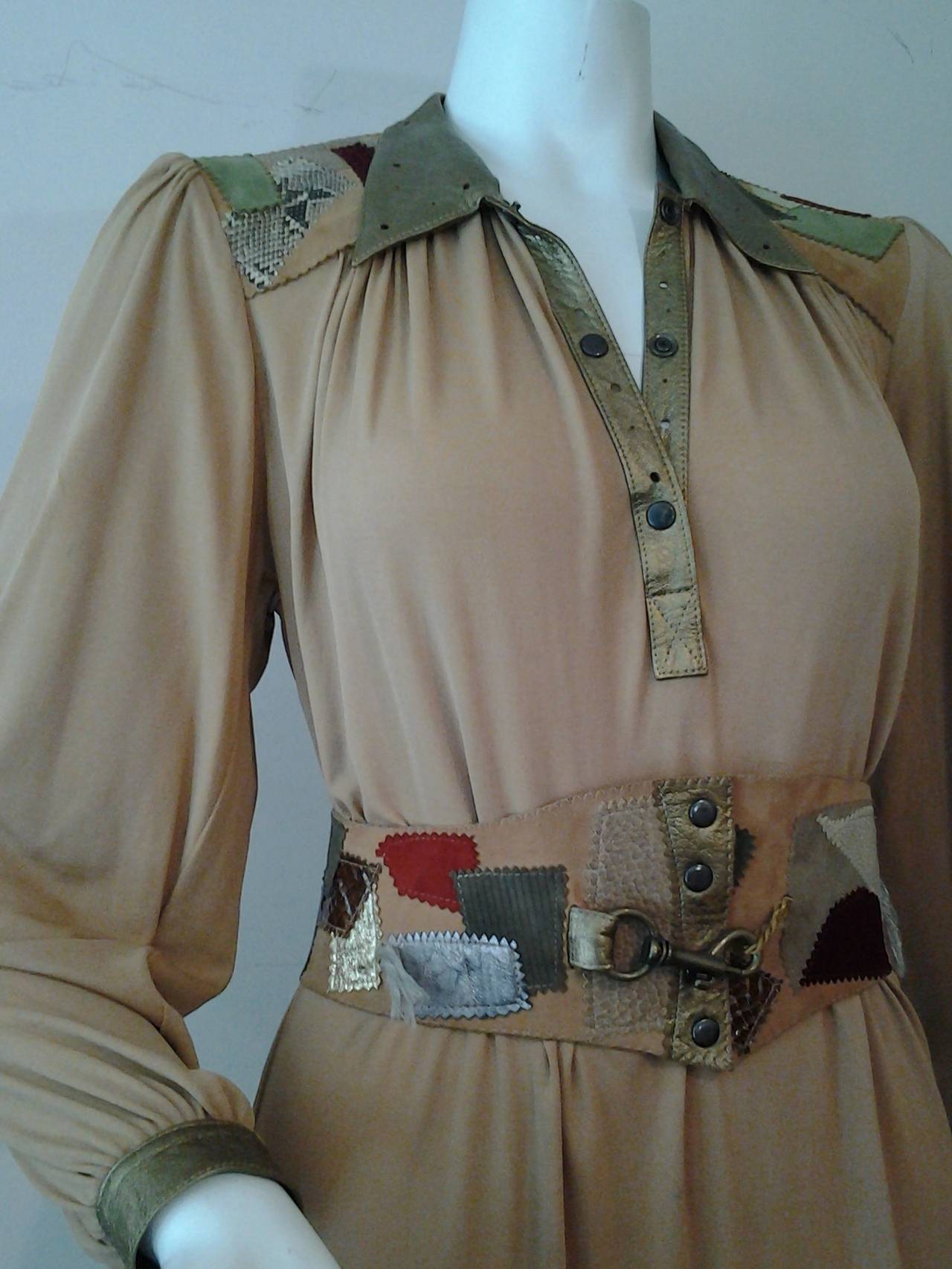 Brown 1970s Ann Buck Matte Jersey and Suede Patchwork Chemise w/ Wide Belt