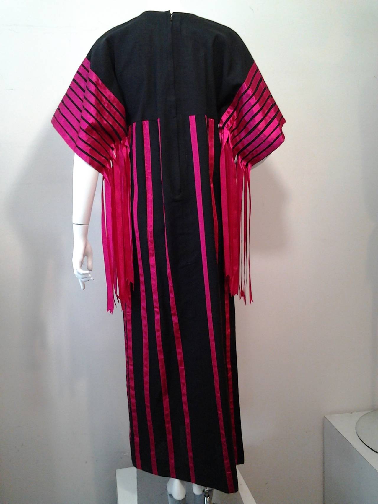 1970s Mexican Cotton and Satin Ribbon Fringed Caftan