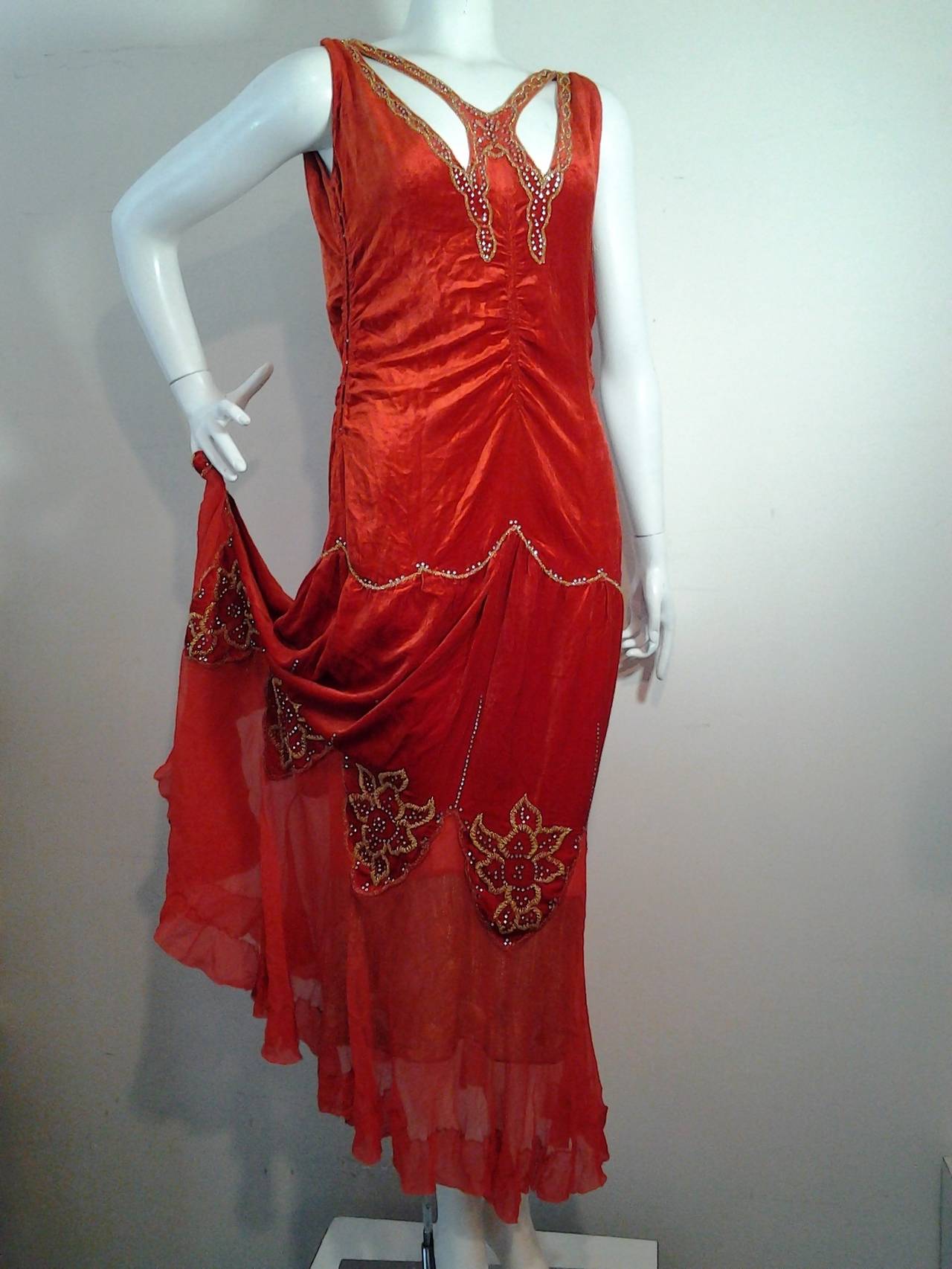 1920s Crimson Panne Velvet Dropped-Waist Gown with Lame and Butterfly Neckline 1