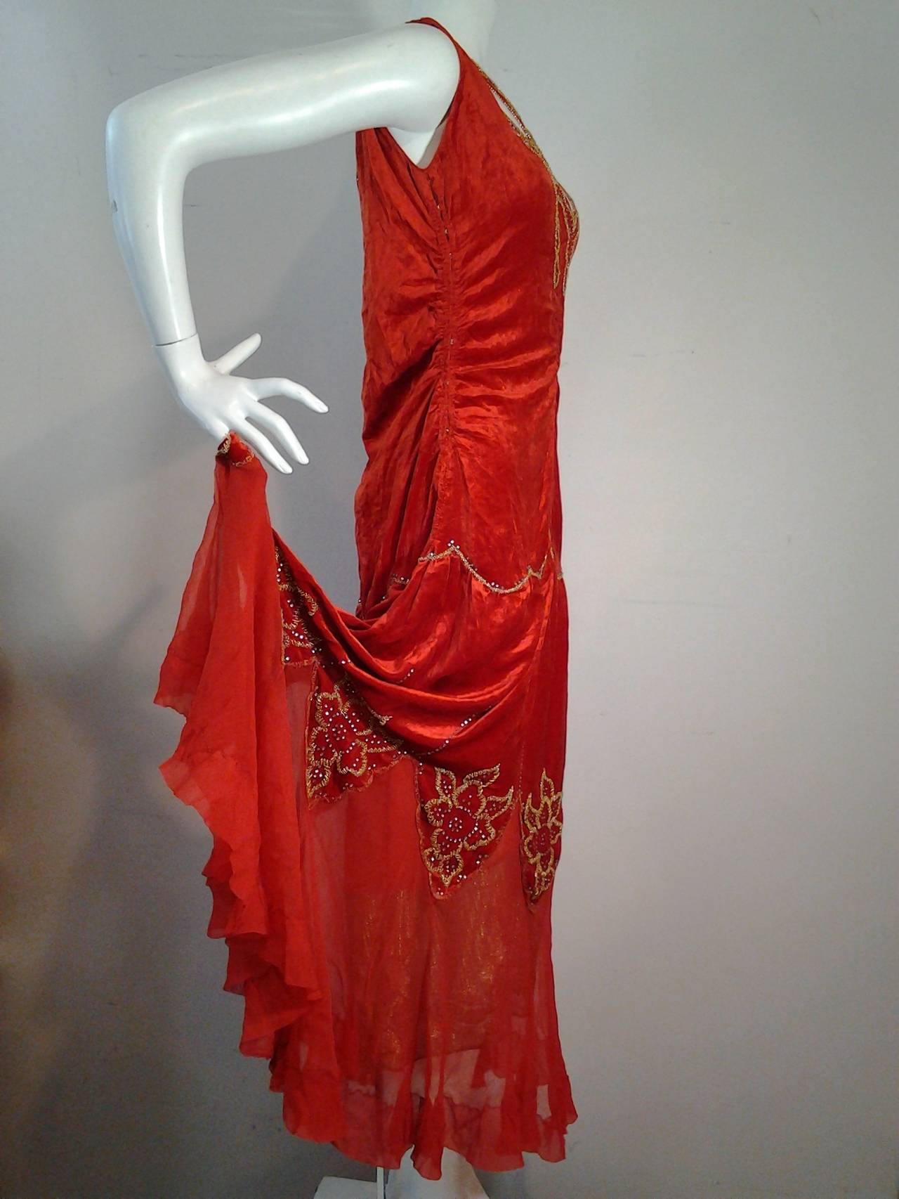 Women's 1920s Crimson Panne Velvet Dropped-Waist Gown with Lame and Butterfly Neckline