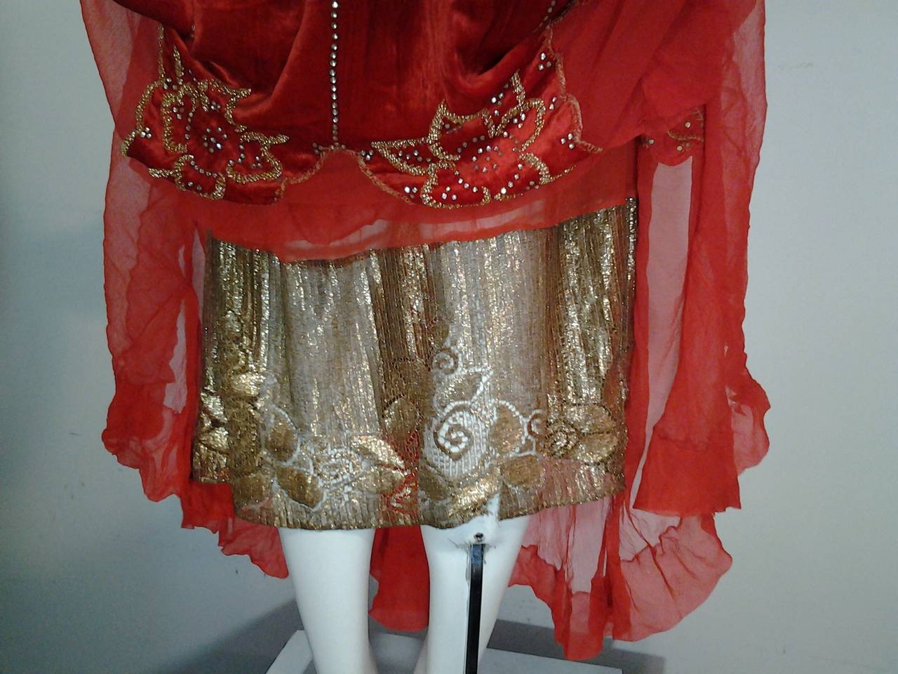 1920s Crimson Panne Velvet Dropped-Waist Gown with Lame and Butterfly Neckline 2