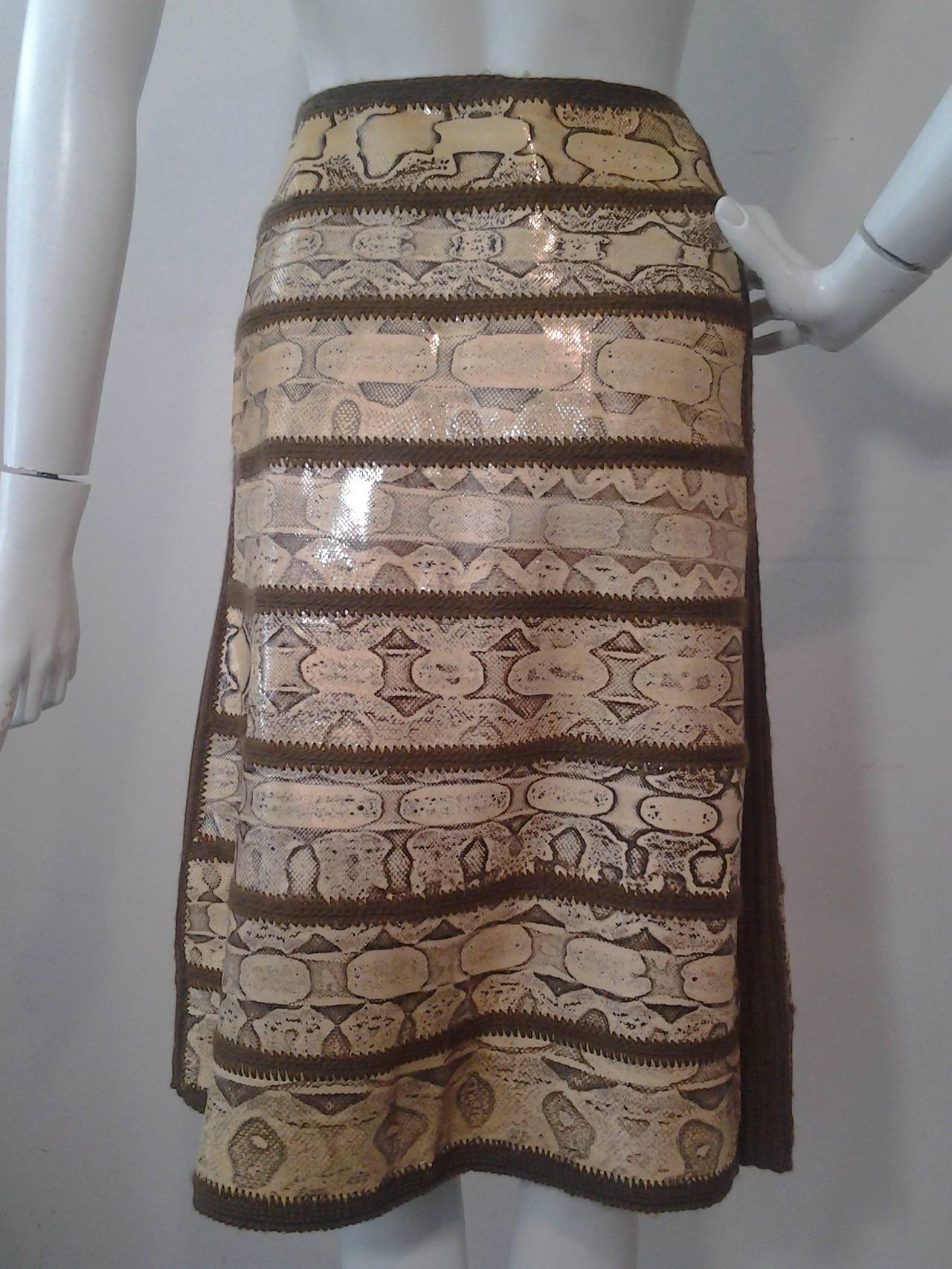 1970s J. Tiktiner Crochet and Serpent Skin Inset A-Line Skirt In Excellent Condition In Gresham, OR