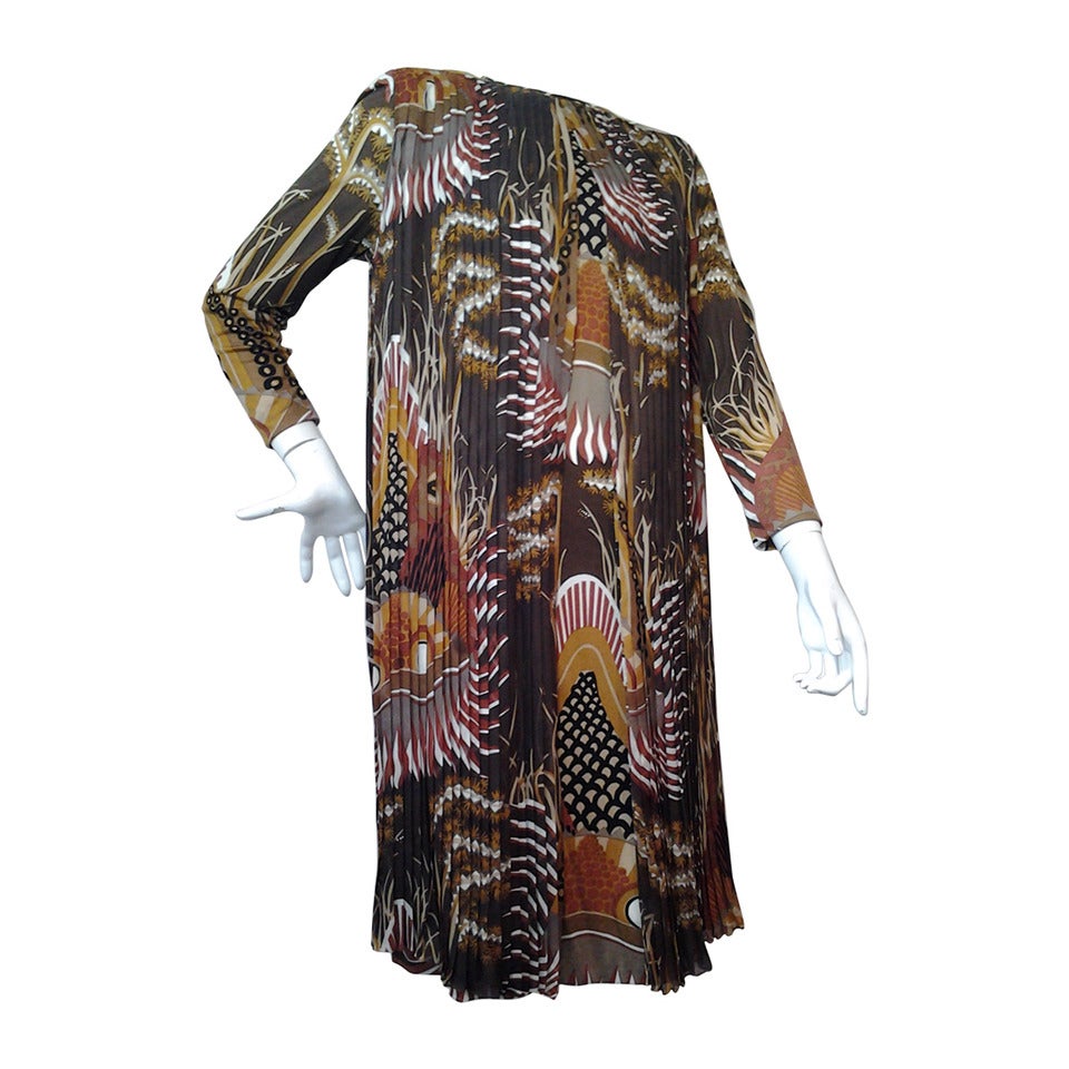1970s La Mendola Print Jersey Dress with Silk Chiffon Overlay
