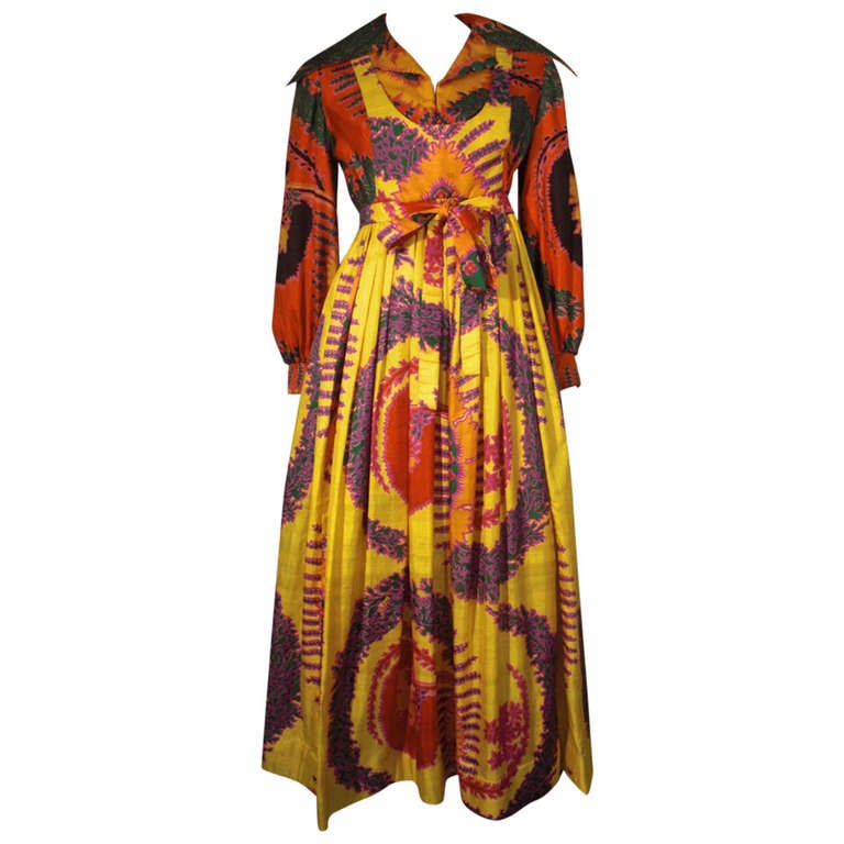 1970s Geoffrey Beene Psychedelic Tropical Print Maxi Dress