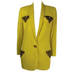 Vintage 1980s Gianni Versace Lemon Yellow Blazer with Studded Leather Pockets