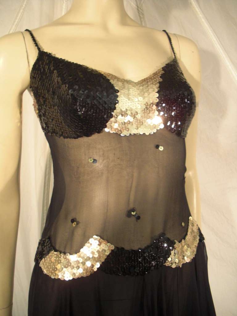Black 1970s Loris Azzaro Sheer Midriff Sequined Silk Chiffon Gown