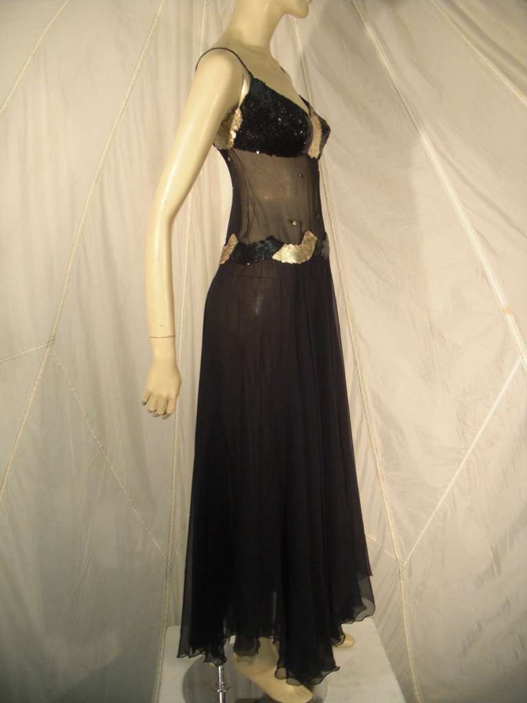 1970s Loris Azzaro Sheer Midriff Sequined Silk Chiffon Gown In Excellent Condition In Gresham, OR