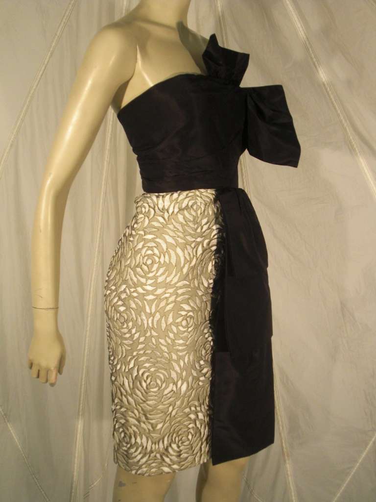 Marchesa Strapless Cocktail Dress with Lace and Satin Bow In Excellent Condition In Gresham, OR