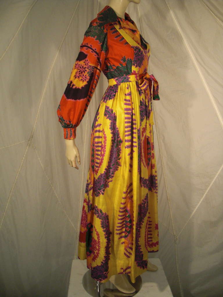 1970s Geoffrey Beene psychedelic tropical print maxi dress with attached 