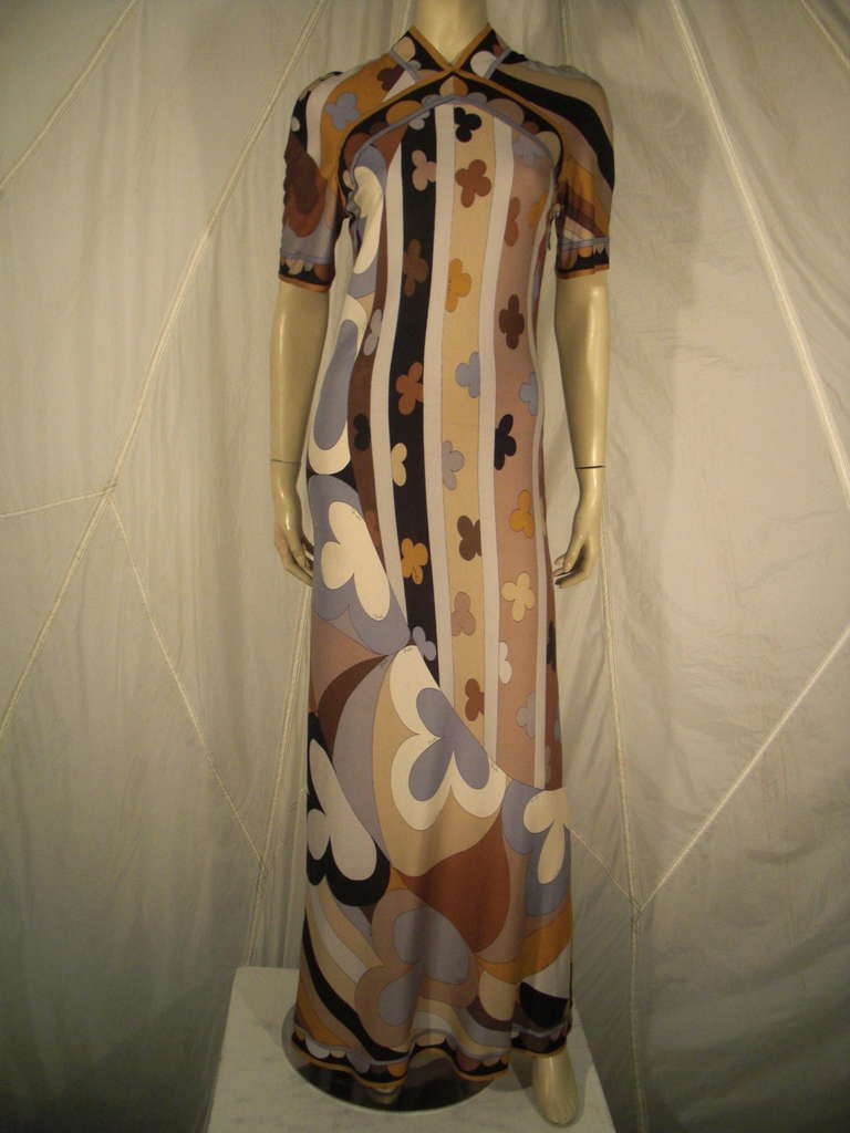 1960s Emilio Pucci silk jersey printed gown in shades of brown, black and white. Unusual 