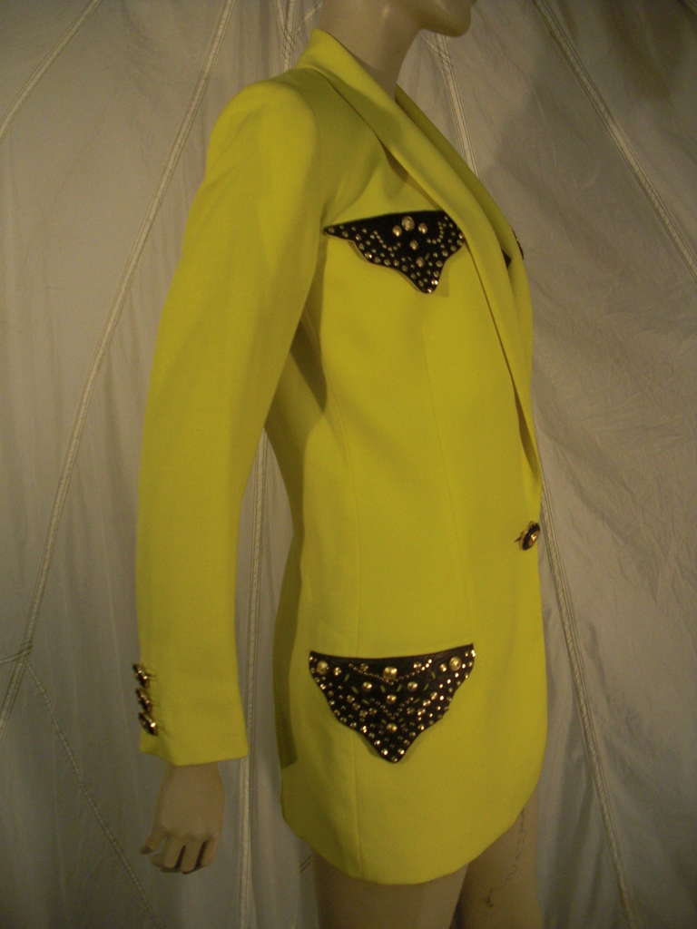 Women's 1980s Gianni Versace Lemon Yellow Blazer with Studded Leather Pockets