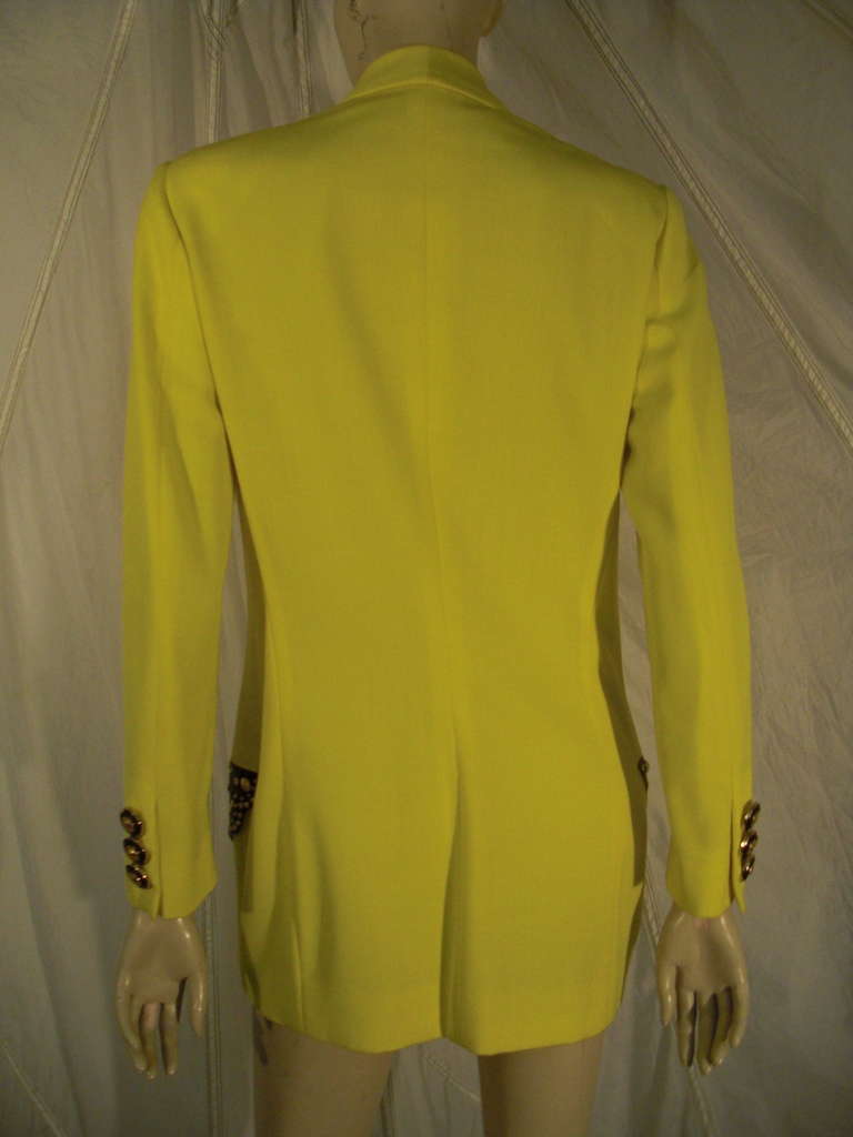 1980s Gianni Versace Lemon Yellow Blazer with Studded Leather Pockets 1