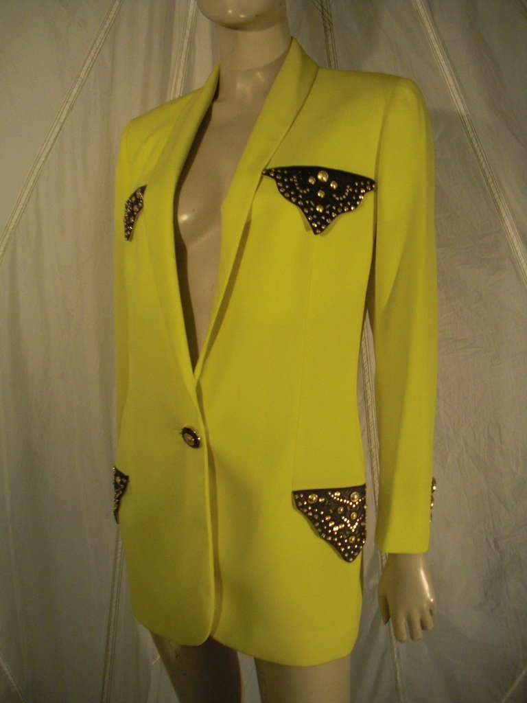 1980s Gianni Versace Lemon Yellow Blazer with Studded Leather Pockets 3