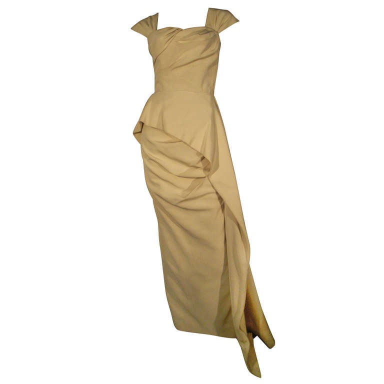 1950s Couture Silk Faille Draped Column Gown