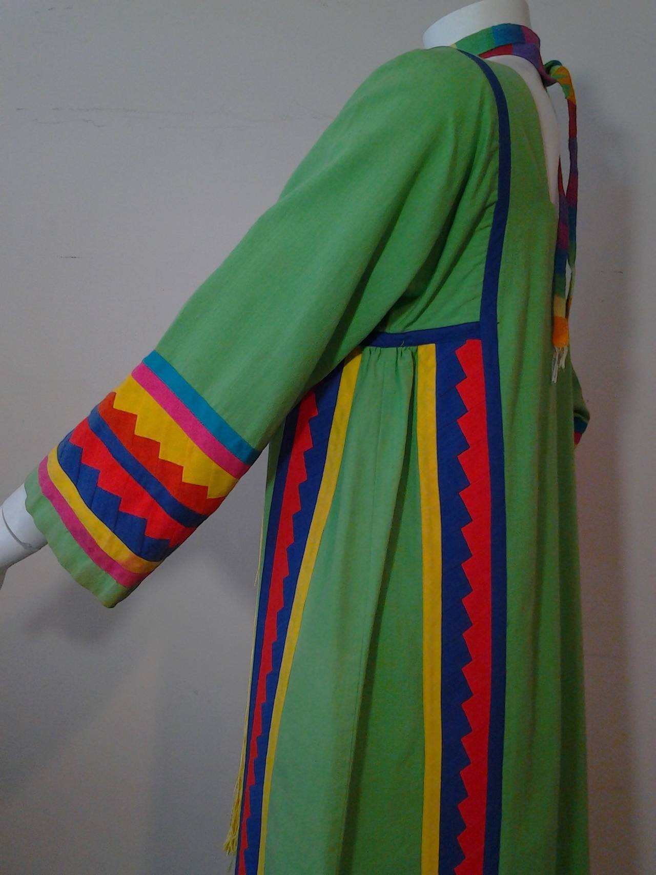 1970s Josefa Mexican Cotton Caftan with Tassel Streamers In Excellent Condition In Gresham, OR