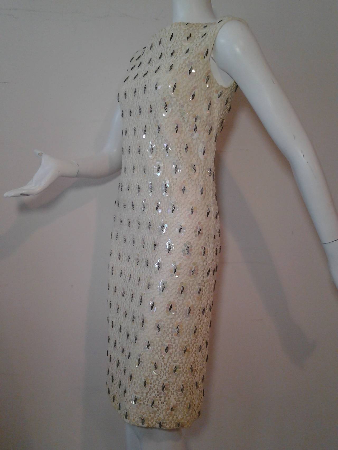 1960s Cotton Lace Sheath with Sequin and Bead Embellishment In Excellent Condition In Gresham, OR