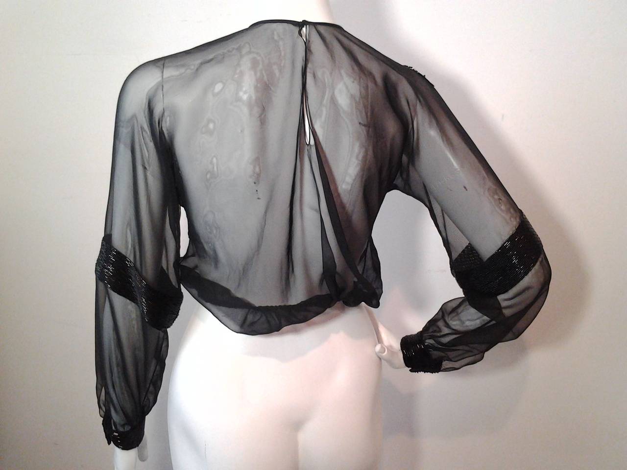1970s Sheer Illusion Chiffon Top with Bugle Bead Peacock In Excellent Condition In Gresham, OR