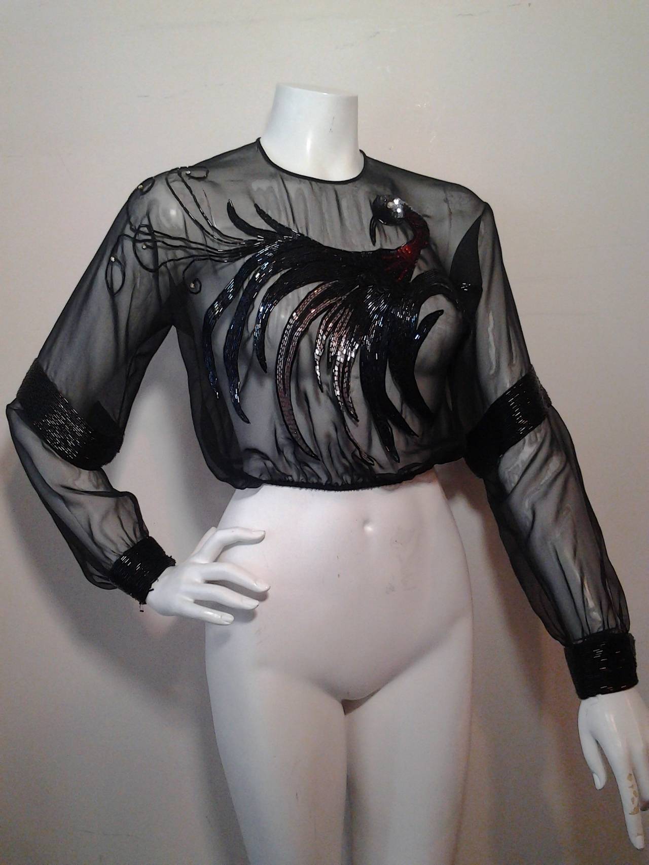 Women's 1970s Sheer Illusion Chiffon Top with Bugle Bead Peacock