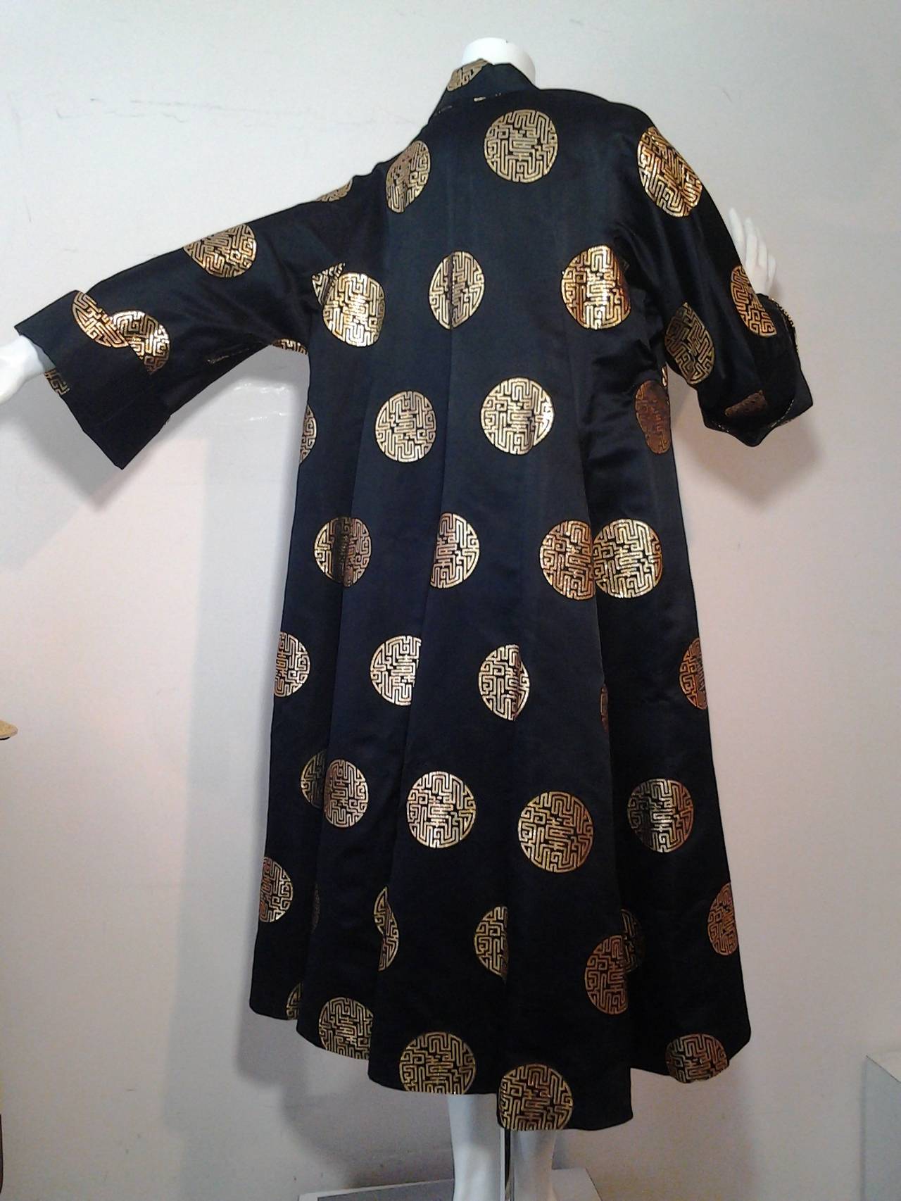Women's 1950s Hong Kong Silk Satin Opera Swing Coat with Gold Crest Motifs