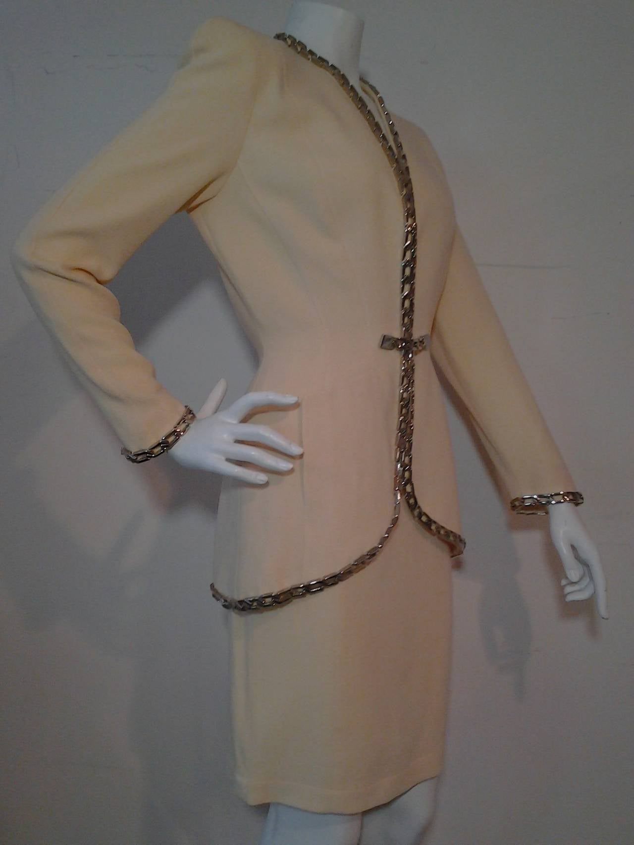 1980s Thierry Mugler Cream Wool Novelty Crepe Suit with Chain Link Trim 1