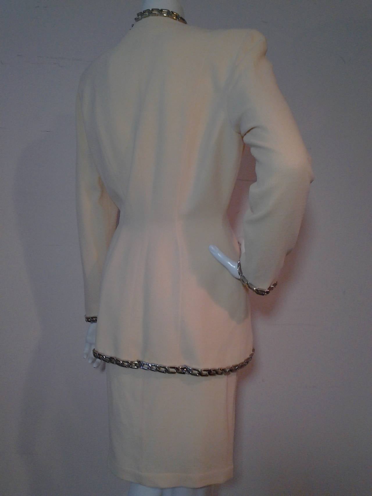 1980s Thierry Mugler Cream Wool Novelty Crepe Suit with Chain Link Trim 2