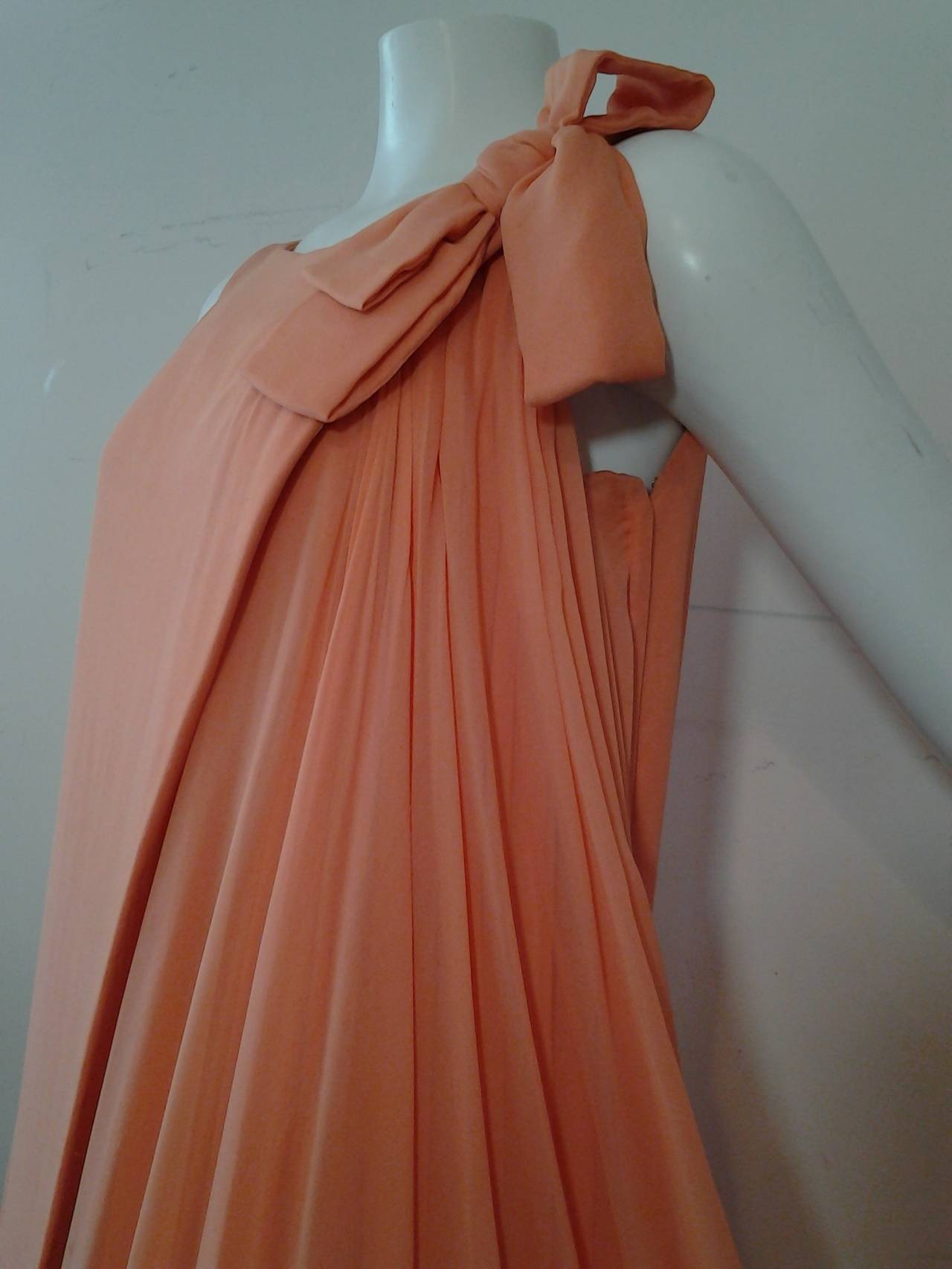 Women's 1960s Sarmi Cantaloupe Silk Chiffon Pleated Gown w/ Overlay Effect