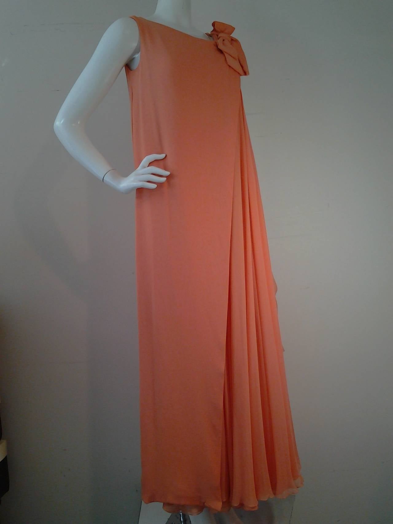1960s Sarmi Cantaloupe Silk Chiffon Pleated Gown w/ Overlay Effect In Excellent Condition In Gresham, OR