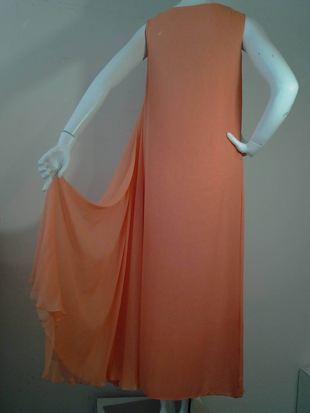 1960s Sarmi Cantaloupe Silk Chiffon Pleated Gown w/ Overlay Effect For ...