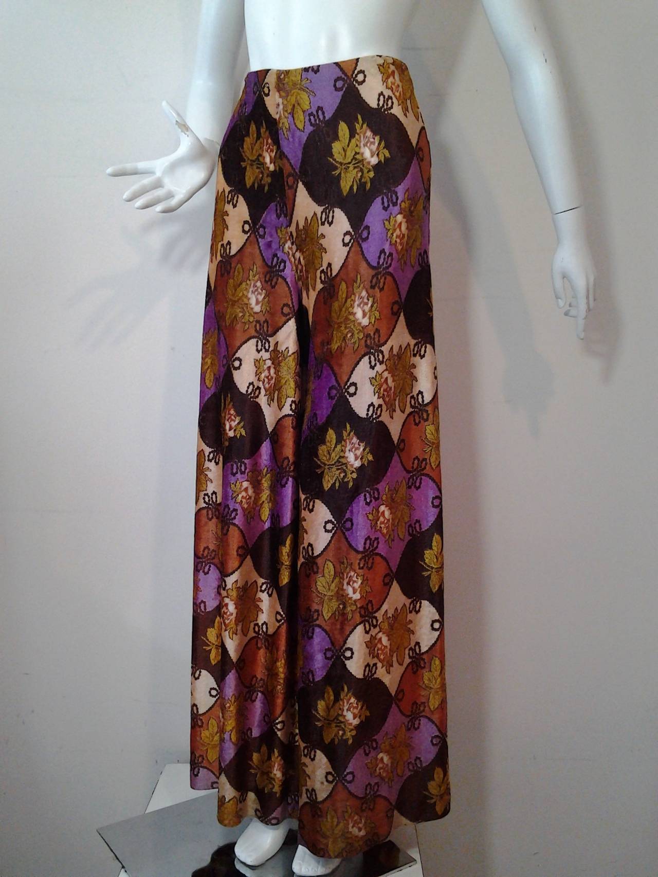 Brown 1970s Campus Casuals Panne Velvet Harlequin Pattern Palazzo Pants