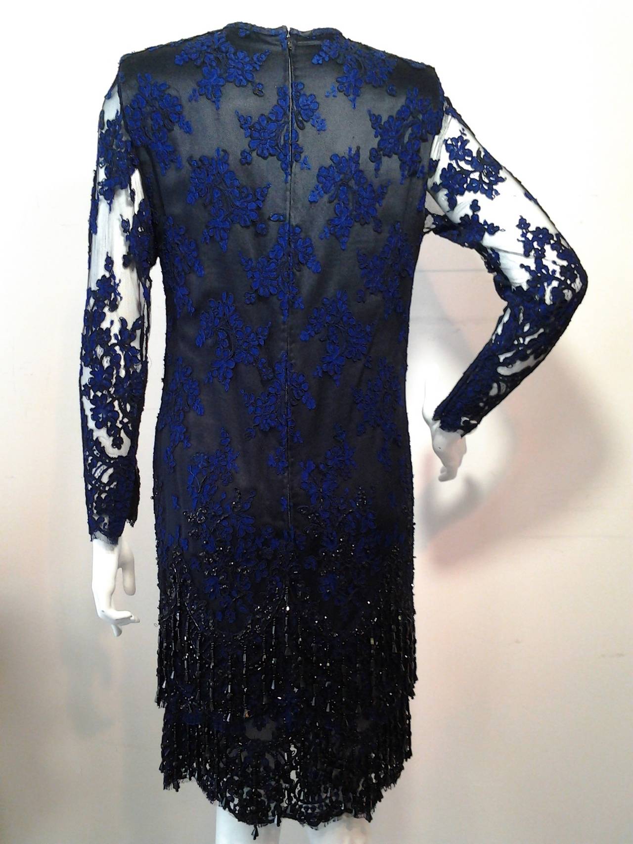 Women's 1990 James Galanos Cobalt and Black Alencon Lace Shimmy Dress