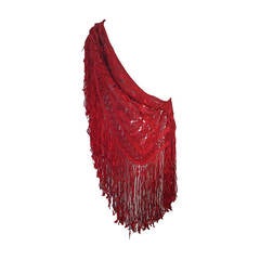 Vintage 1970s Scarlet Ribbon Macrame Fringed Shawl