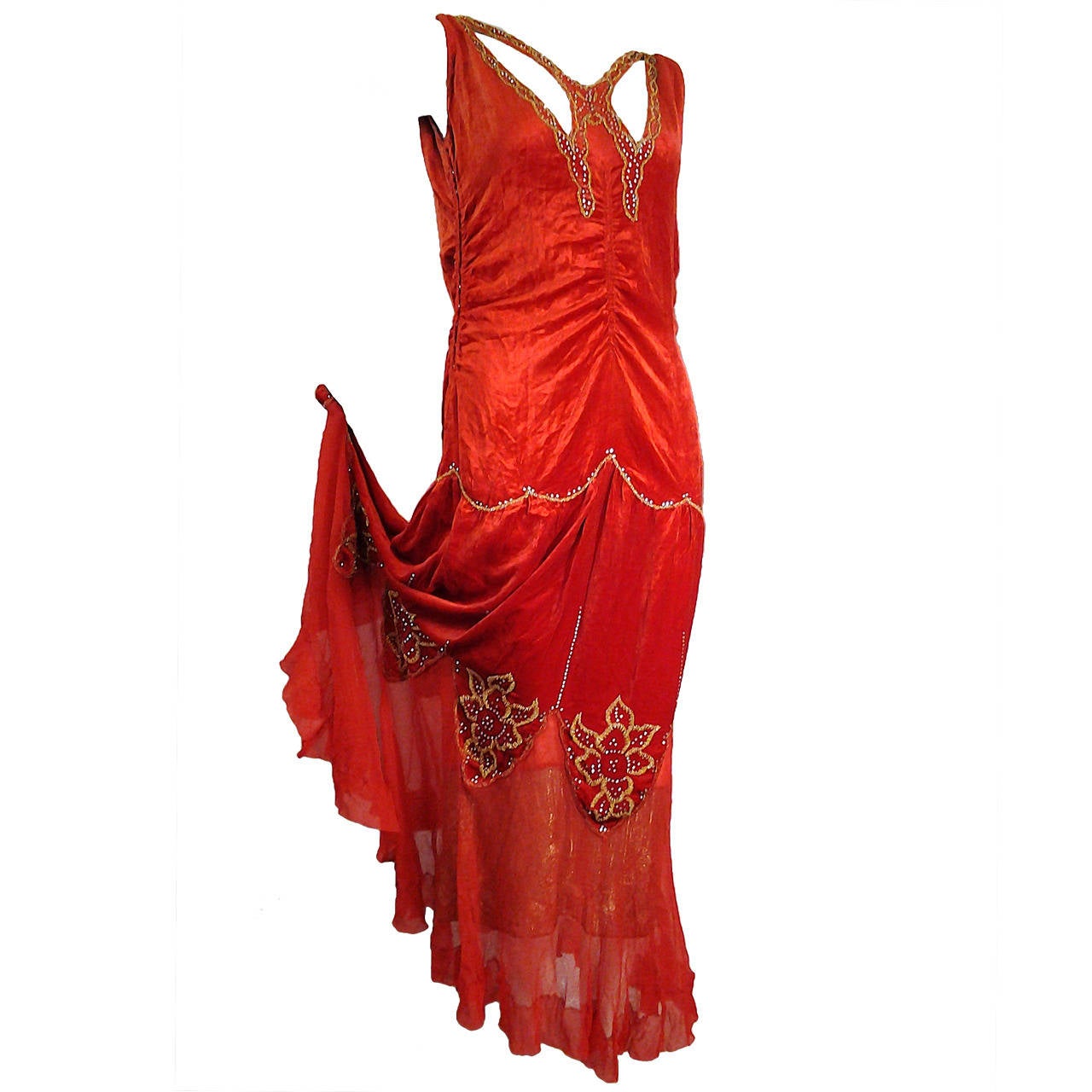 1920s Crimson Panne Velvet Dropped-Waist Gown with Lame and Butterfly Neckline