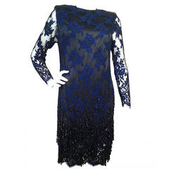 1990 James Galanos Cobalt and Black Alencon Lace Shimmy Dress 12
