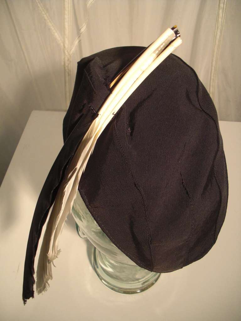 1940s Military Inspired Women's Hat in Black Faille with Feathers In Excellent Condition In Gresham, OR