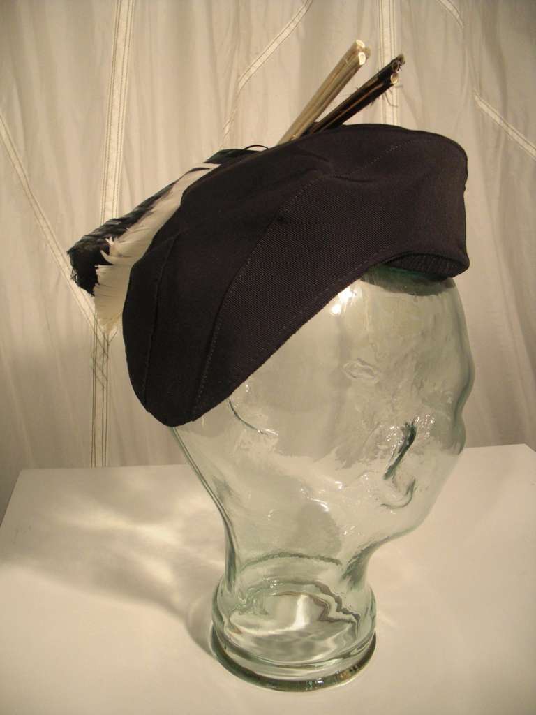 1940s Military Inspired Women's Hat in Black Faille with Feathers 1