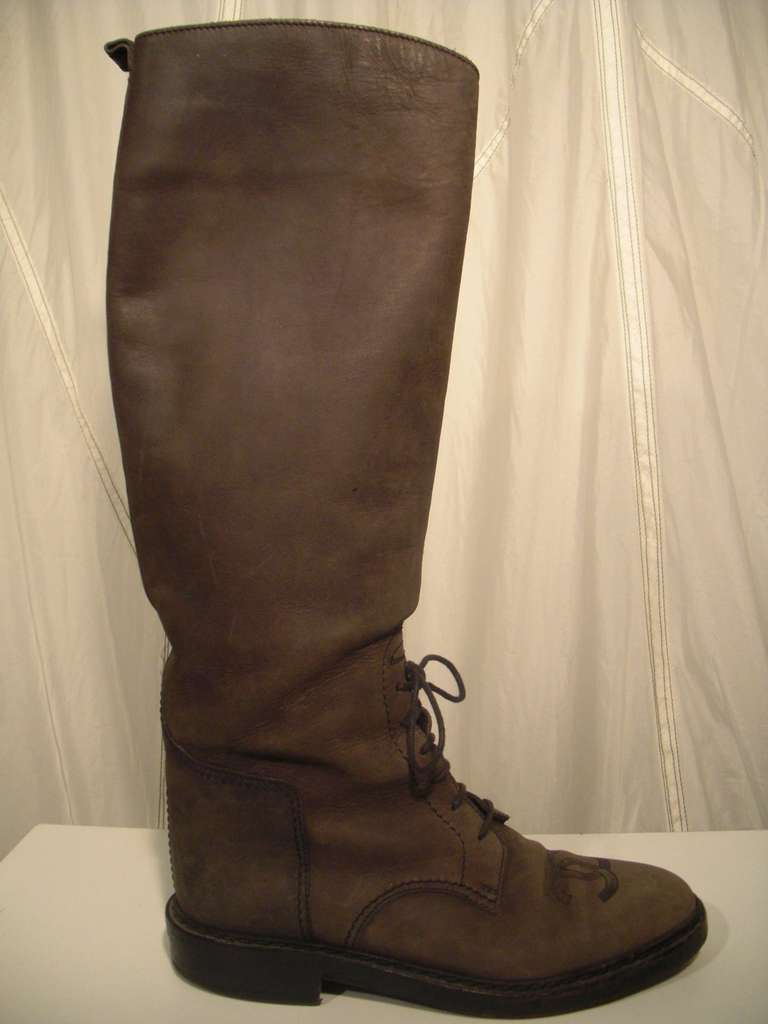 Brown Chanel Distressed Leather Riding Boots