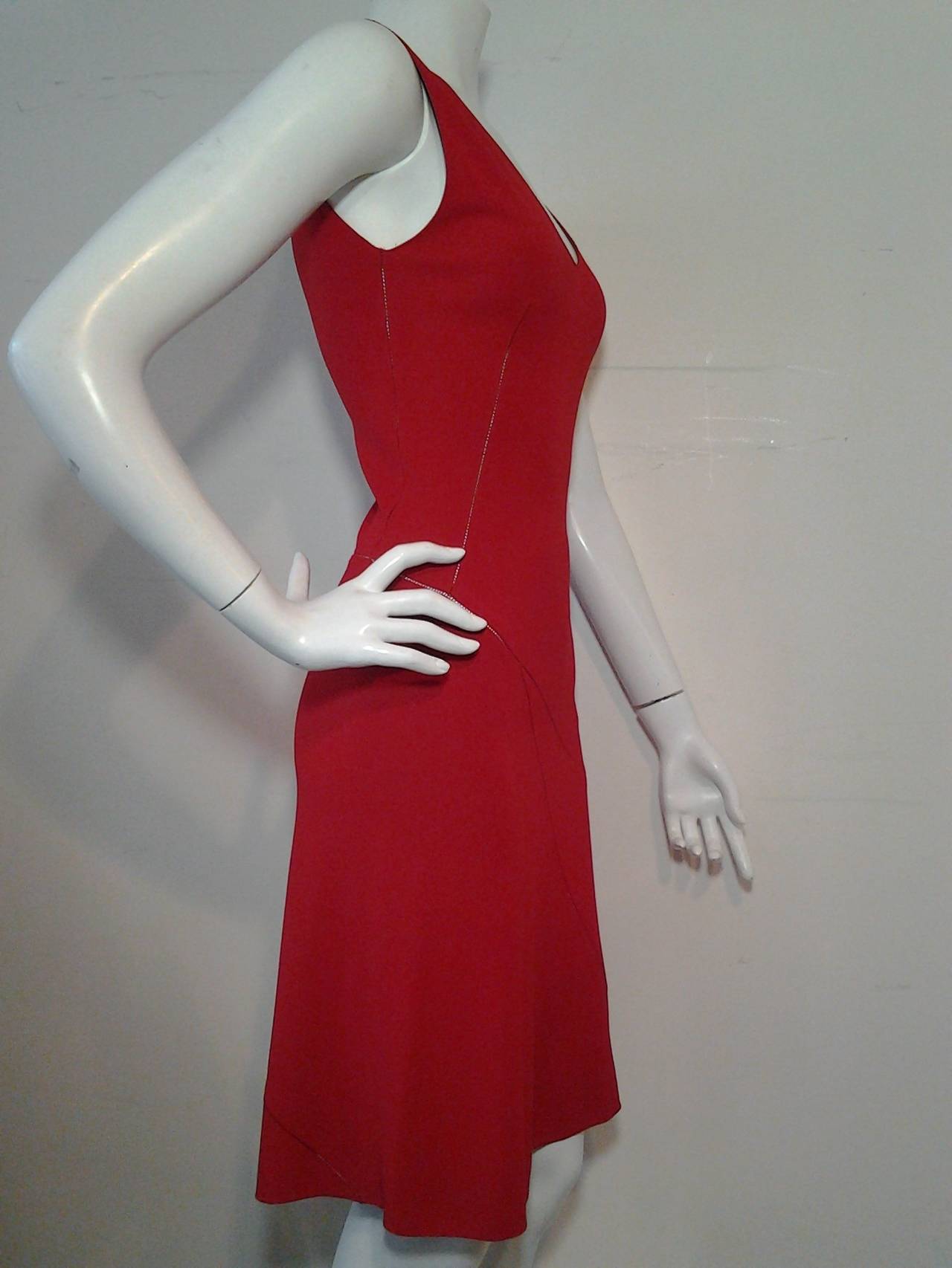 Alaia Cherry Red Rayon Crepe Dress with Asymmetrical Seaming In Excellent Condition In Gresham, OR