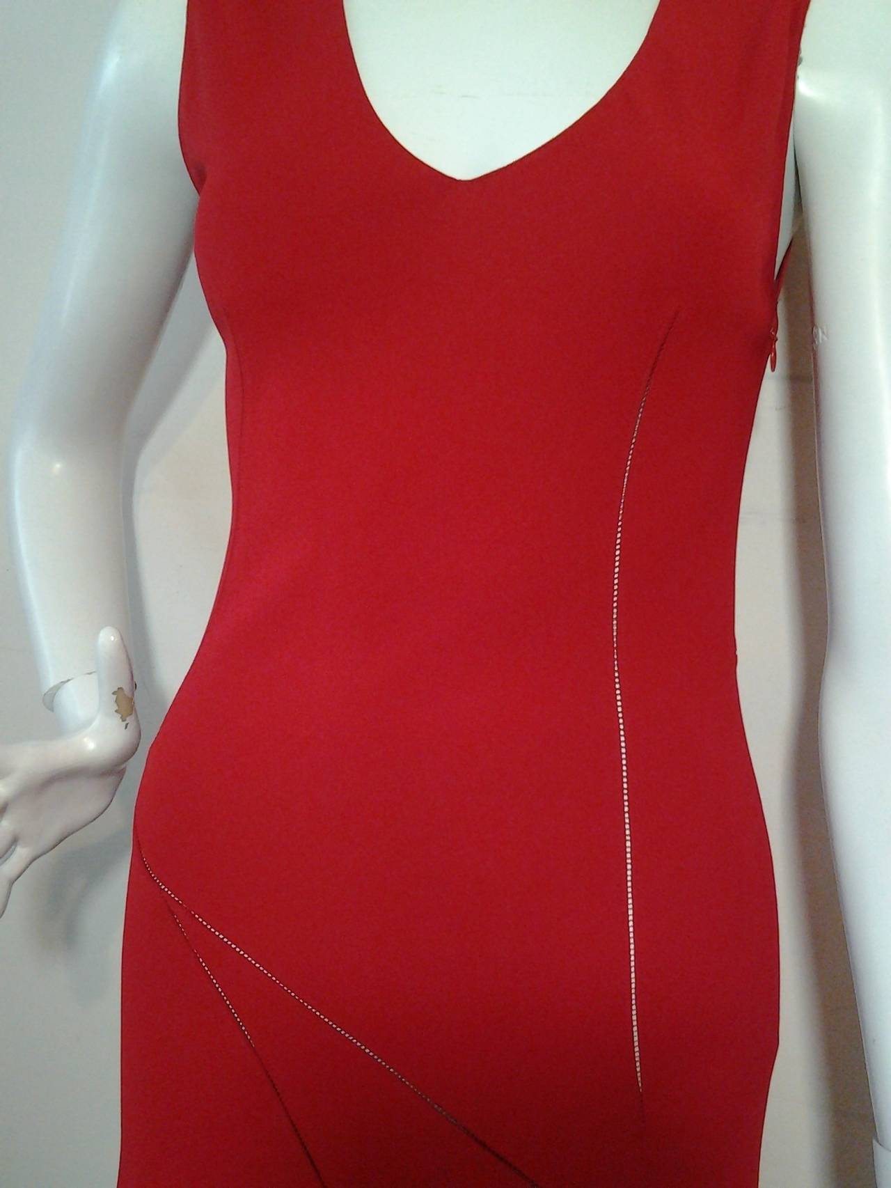 Women's Alaia Cherry Red Rayon Crepe Dress with Asymmetrical Seaming