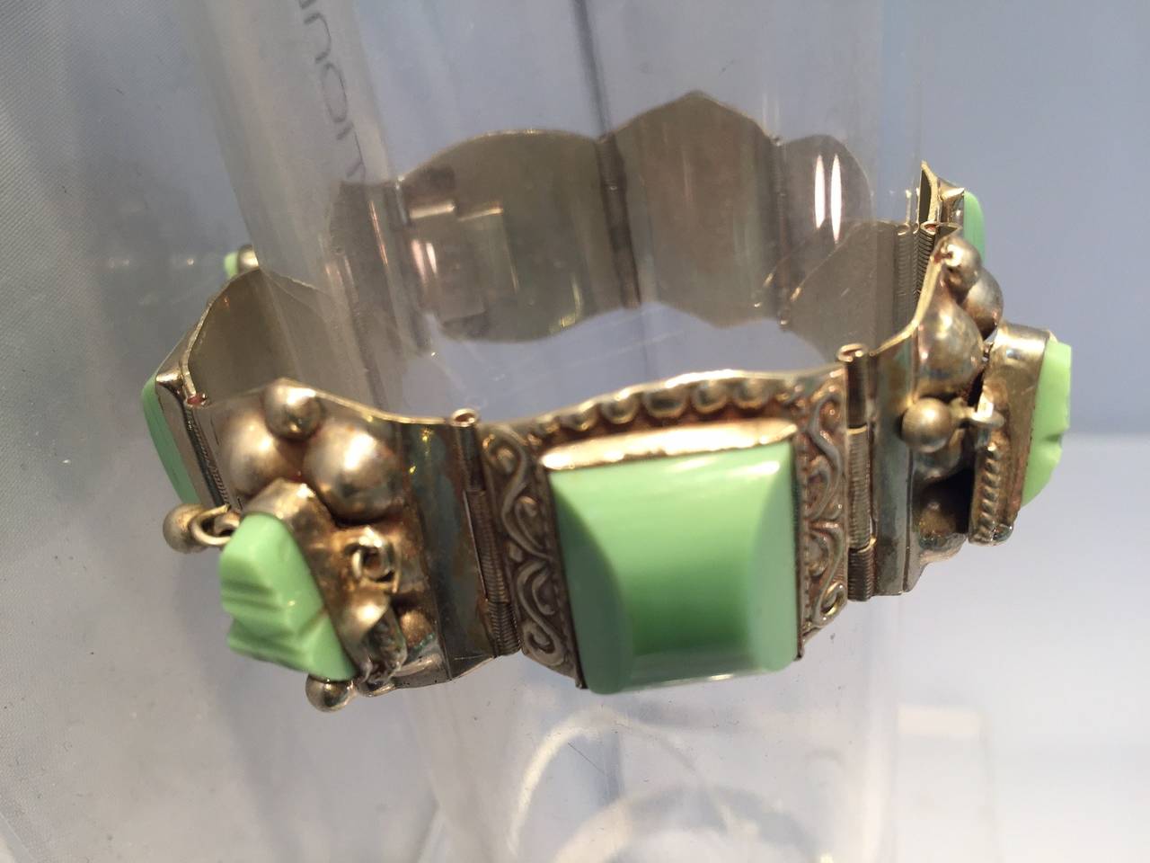Artisan 1940s Carved Jadeite Glass and Sterling Silver Bracelet from Mexico