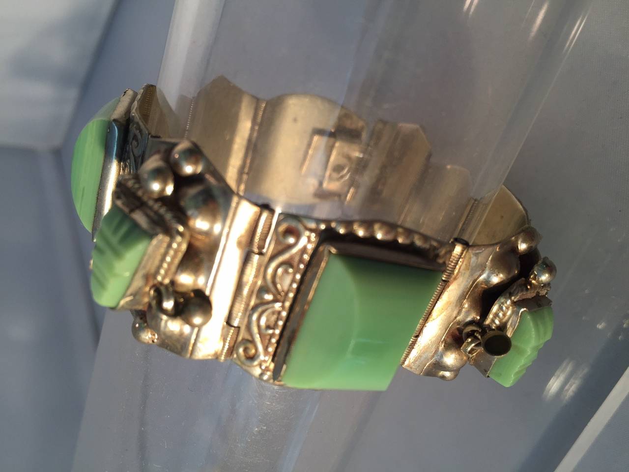 1940s Carved Jadeite Glass and Sterling Silver Bracelet from Mexico In Excellent Condition In Gresham, OR