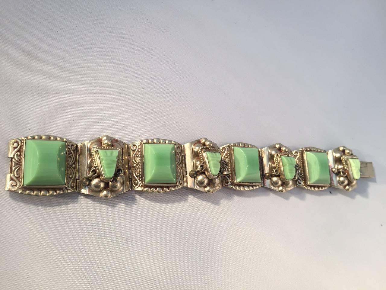Women's or Men's 1940s Carved Jadeite Glass and Sterling Silver Bracelet from Mexico