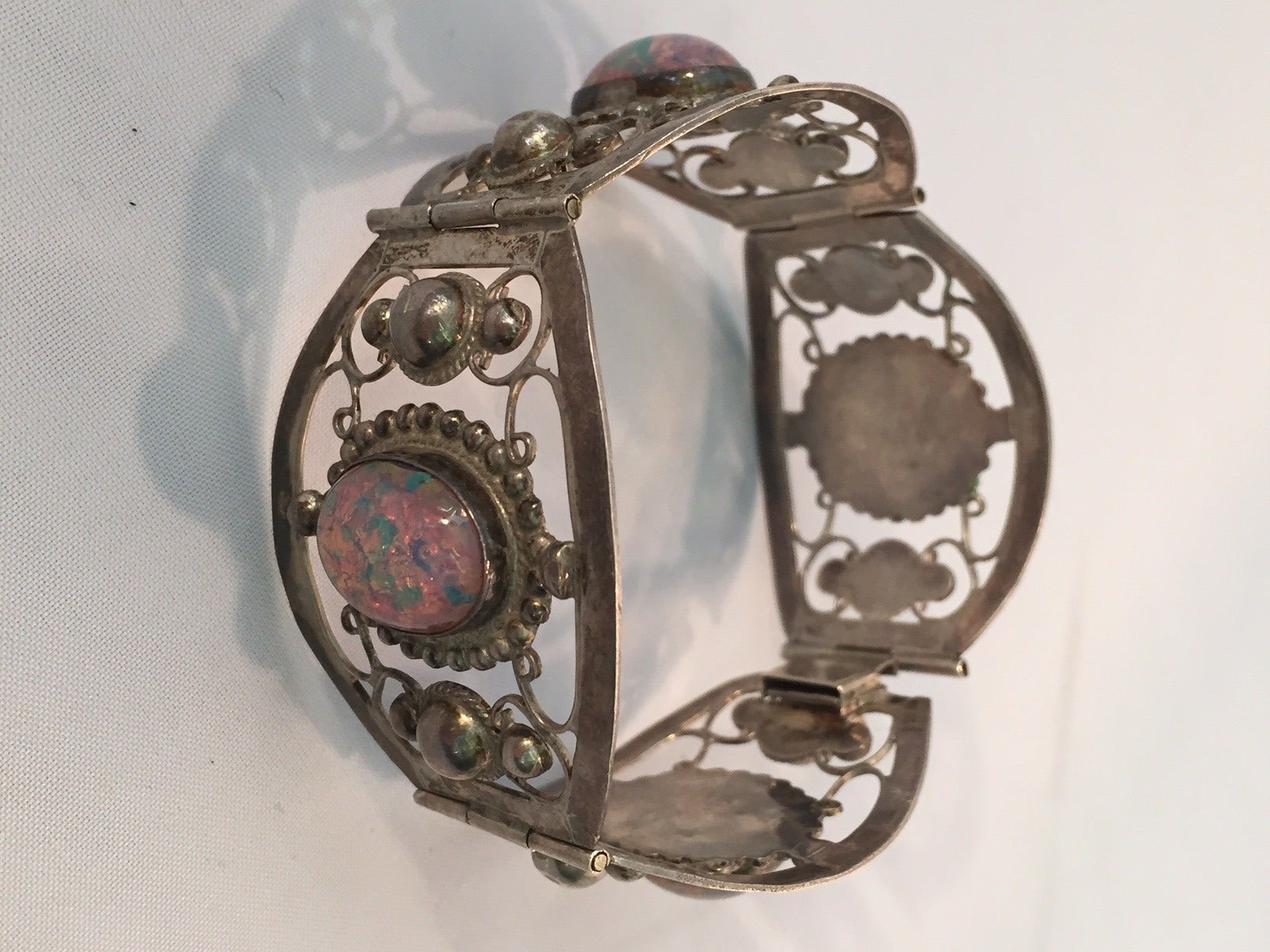 925 Avenue Sterling Silver Opal Bracelet - Double Chain - Fire Blue Birthstone (October) - 7.5 Inches