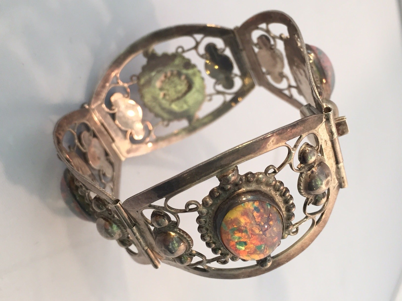 Artisan 1940s Sterling Silver Mexican Bracelet w/ Glass 